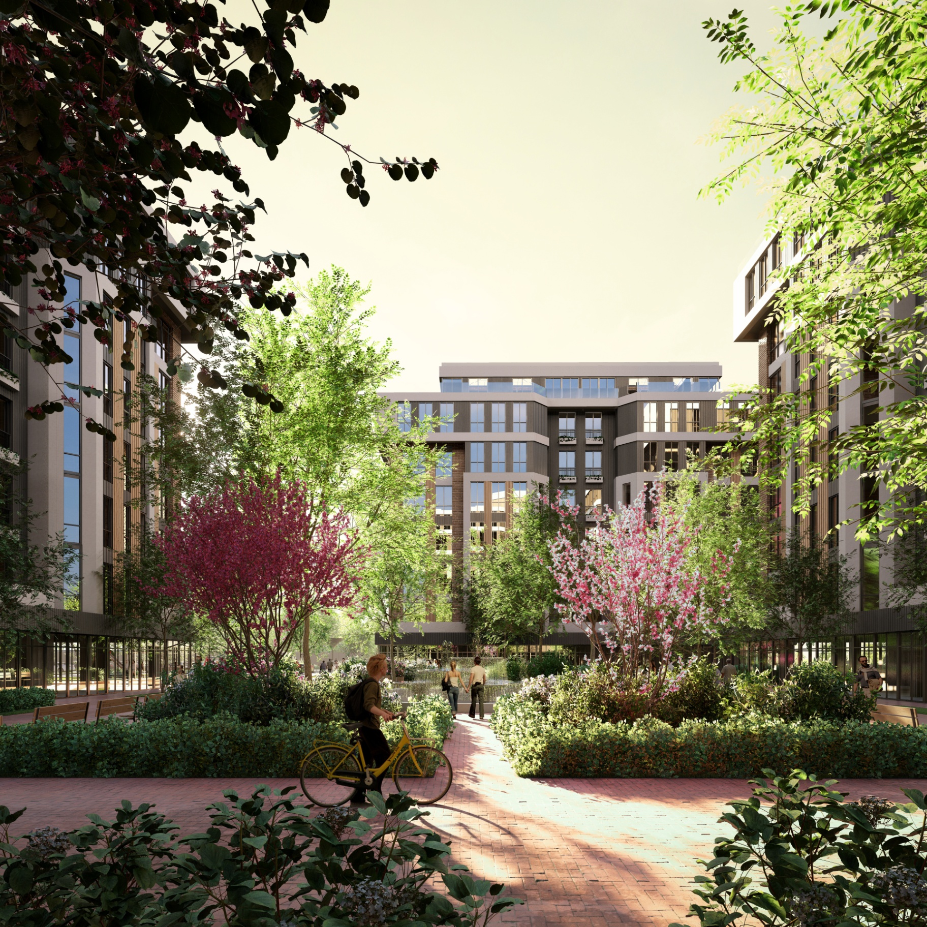 Central courtyard garden with bicycle path approach