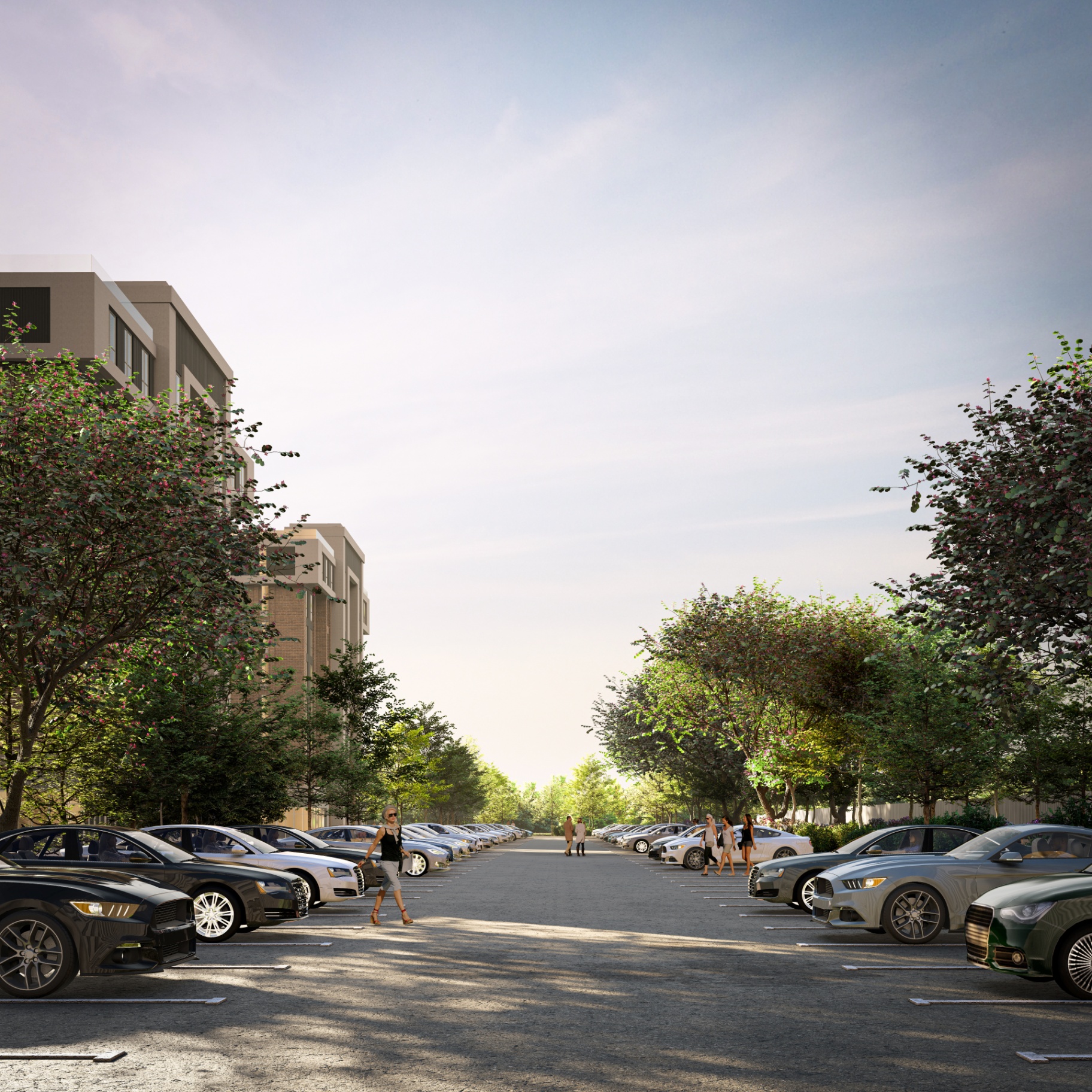 Resident parking promenade lined with mature trees