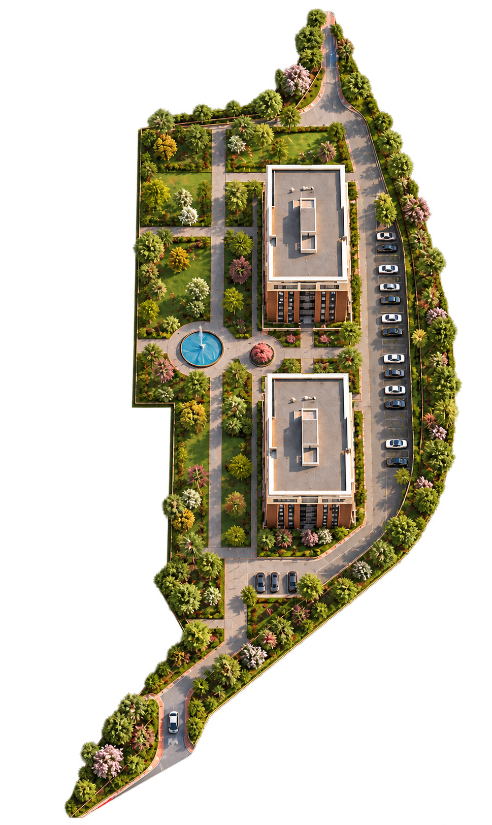 Phase 1 aerial view — Buildings A and B with landscaped park, fountain and parking