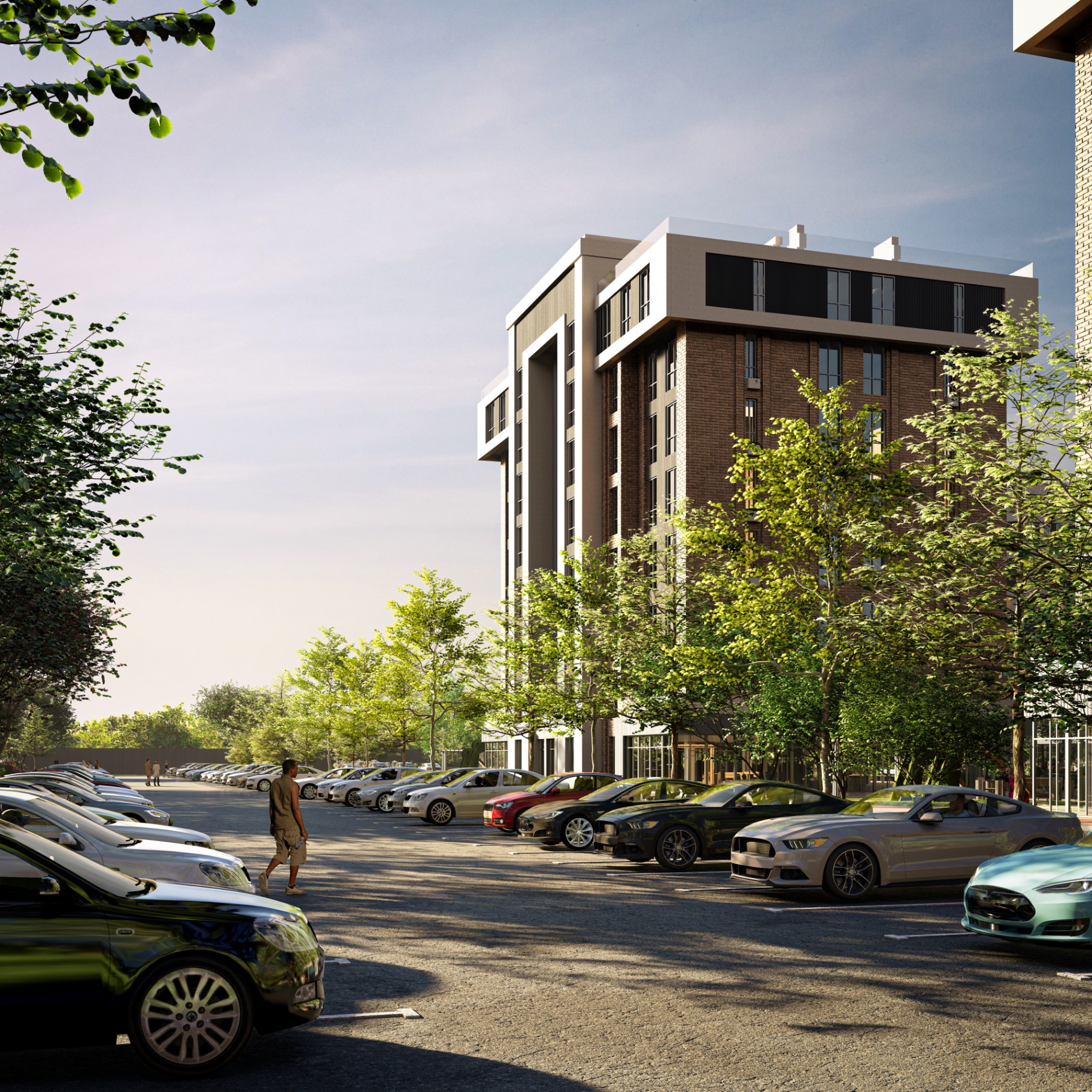 Residential tower viewed from resident parking area
