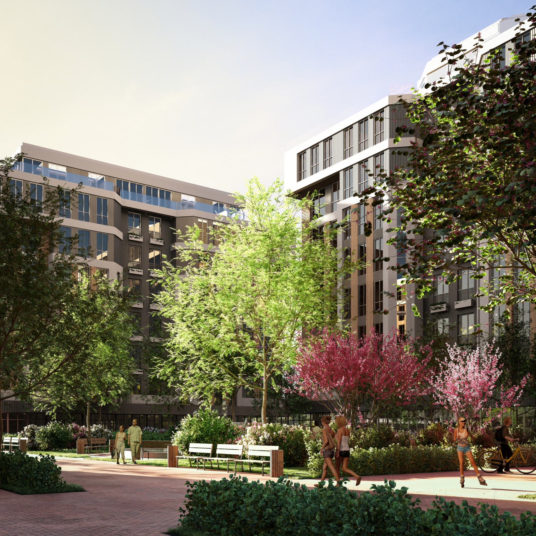 Blooming internal courtyard with pedestrian walkways