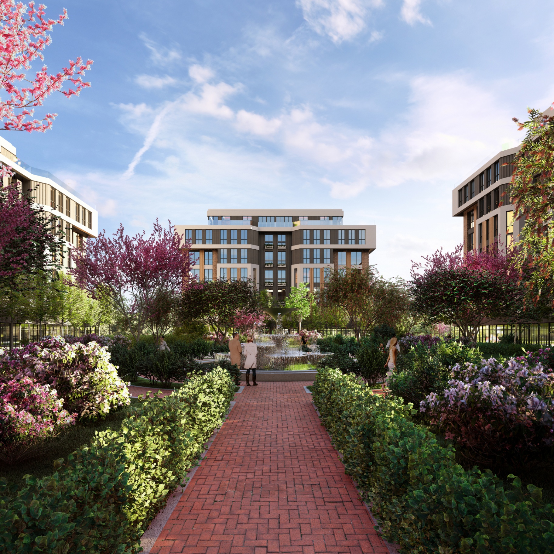 Formal garden axis centered on the courtyard fountain