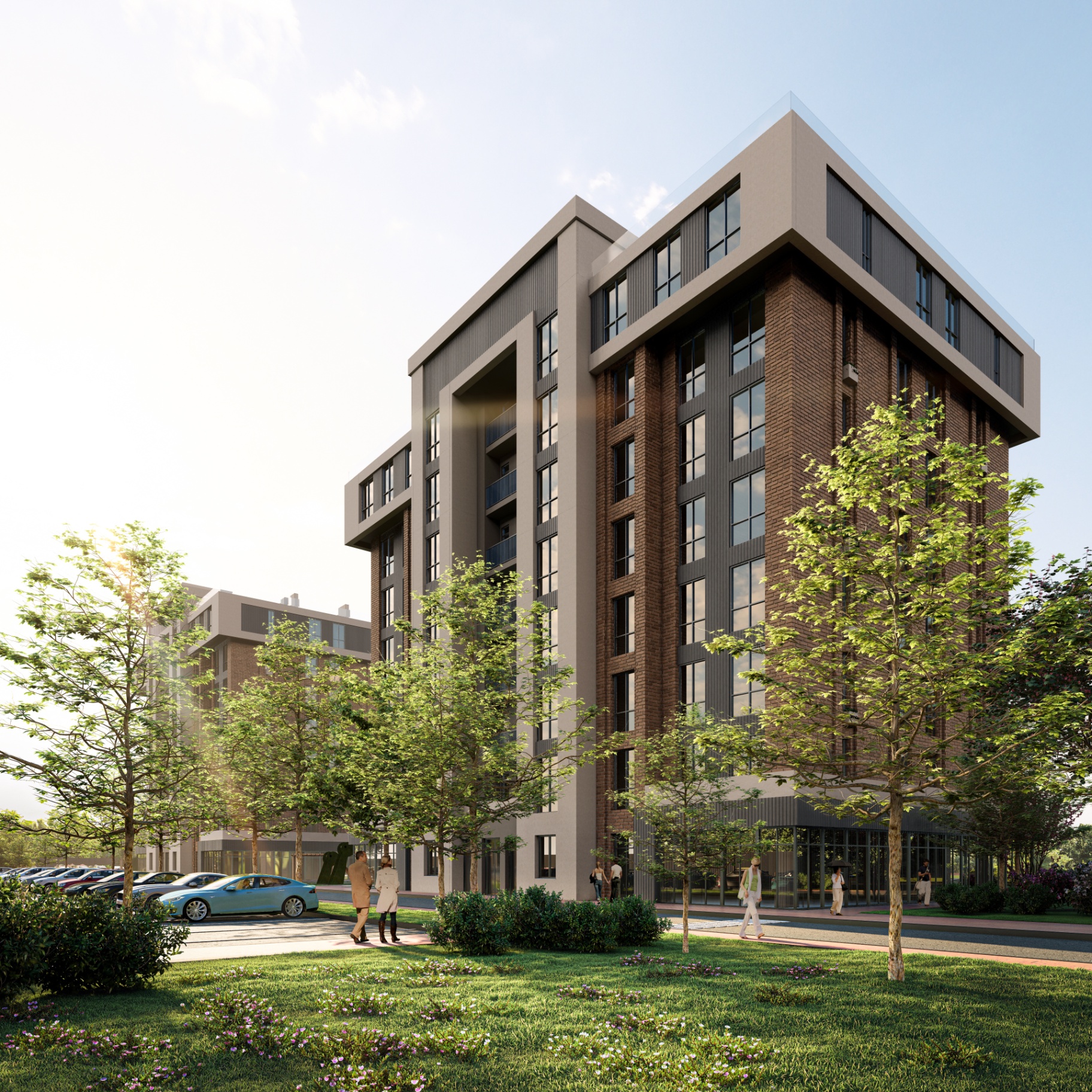 Corner residential tower with brick facade and tree-lined street