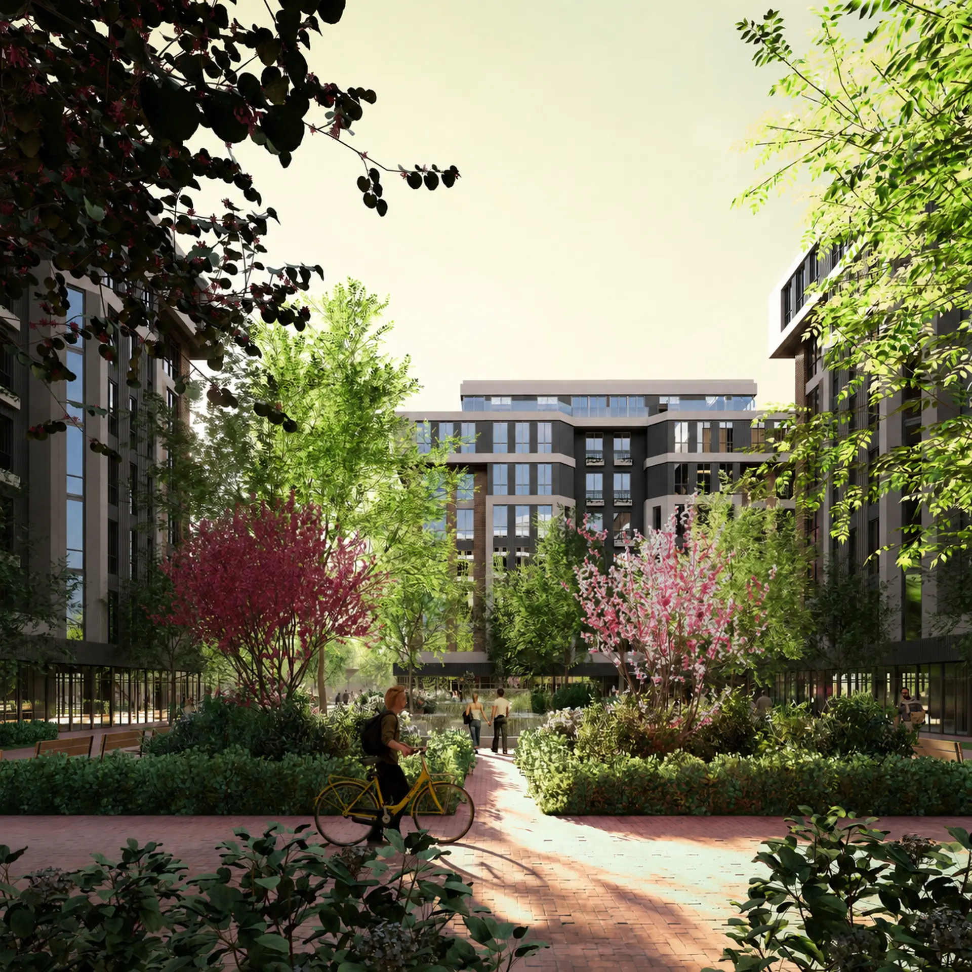 Landscaped courtyard garden framed by the residential facades